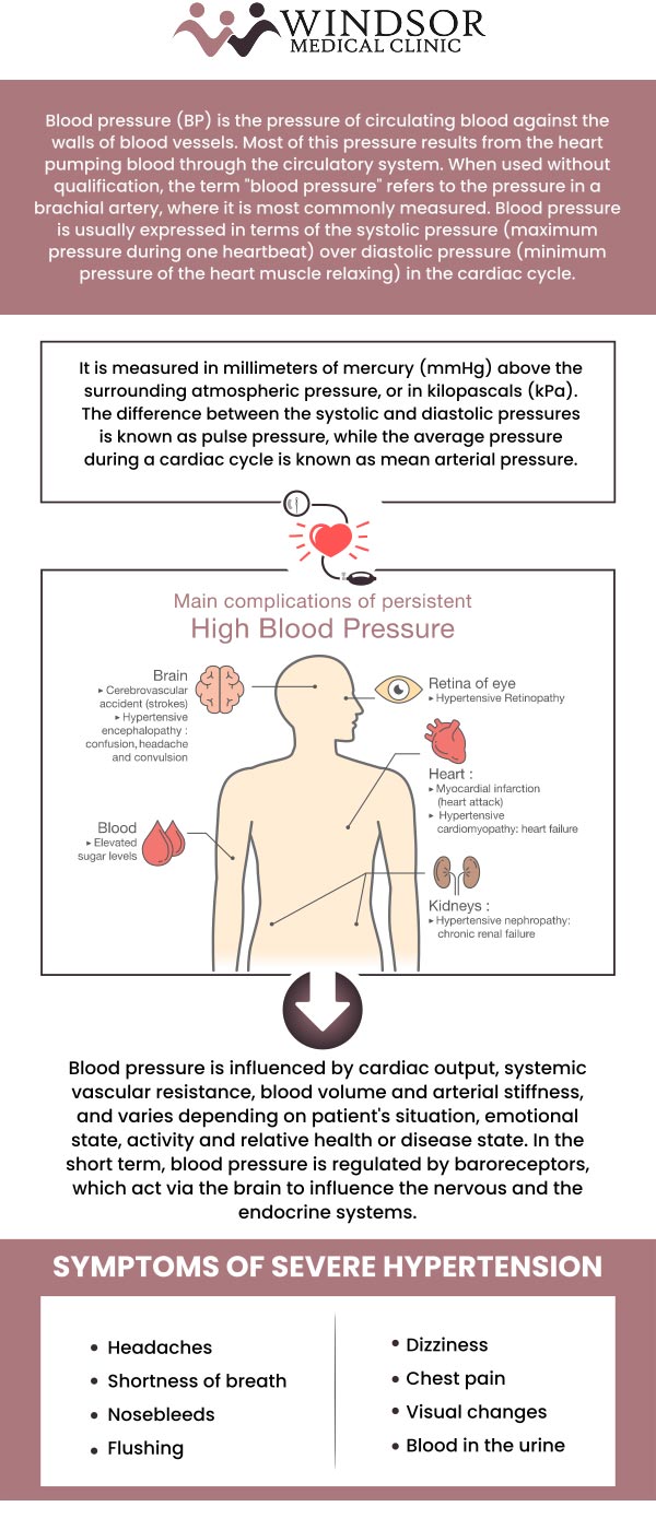 Blood pressure is the force of blood pushing against the walls of your arteries as your heart pumps it around your body. Maintaining healthy blood pressure is essential for overall health, as high or low levels can lead to serious health issues. At Windsor Medical Clinic, our team is dedicated to monitoring and managing your blood pressure with personalized care, ensuring you stay on track for optimal well-being. For more information, contact us or request an appointment online. We are conveniently located at 11434 N 53rd St, Temple Terrace, FL 33617, United States. 