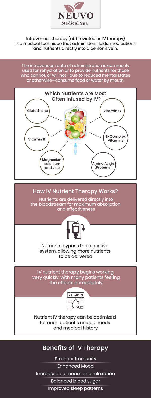 At Neuvo Medical Spa, our IV Therapy treatments are designed to hydrate, rejuvenate, and promote overall wellness. Delivered by our skilled team, these personalized infusions provide essential nutrients to support your health and beauty. Whether you're looking to boost energy, enhance skin health, or recover from physical stress, our professionals are here to guide you on your journey to wellness with care and expertise. For more information, contact us or request an appointment online. We are conveniently located at 2653 Bruce B Downs Blvd, Unit 119, Wesley Chapel, FL 33543