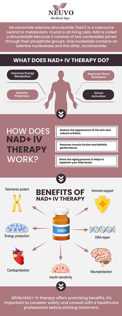 At Neuvo Medical Spa, our NAD+ therapy helps rejuvenate your body by replenishing this essential coenzyme, supporting energy production, and enhancing cellular repair. Our team is dedicated to improving mental clarity, boosting energy levels, and promoting overall wellness, helping you feel revitalized. For more information, contact us or request an appointment online. We are conveniently located at 2653 Bruce B Downs Blvd, Unit 119, Wesley Chapel, FL 33543.