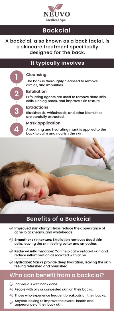 Healthy, clear skin is not limited to the face alone. The back is one of the most commonly neglected areas of skincare, yet it is highly prone to clogged pores, acne breakouts, dryness, and uneven texture. A professional back facial helps address these concerns through deep cleansing and targeted skin rejuvenation. At Neuvo Medical Spa, our team offers patients customized back facial treatments designed to restore smoother, healthier-looking skin while improving overall confidence. For more information, contact us or request an appointment online. We are conveniently located at 2653 Bruce B Downs Blvd, Unit 119, Wesley Chapel, FL 33543. Healthy, clear skin is not limited to the face alone. The back is one of the most commonly neglected areas of skincare, yet it is highly prone to clogged pores, acne breakouts, dryness, and uneven texture. A professional back facial helps address these concerns through deep cleansing and targeted skin rejuvenation. At Neuvo Medical Spa, our team offers patients customized back facial treatments designed to restore smoother, healthier-looking skin while improving overall confidence. For more information, contact us or request an appointment online. We are conveniently located at 2653 Bruce B Downs Blvd, Unit 119, Wesley Chapel, FL 33543.