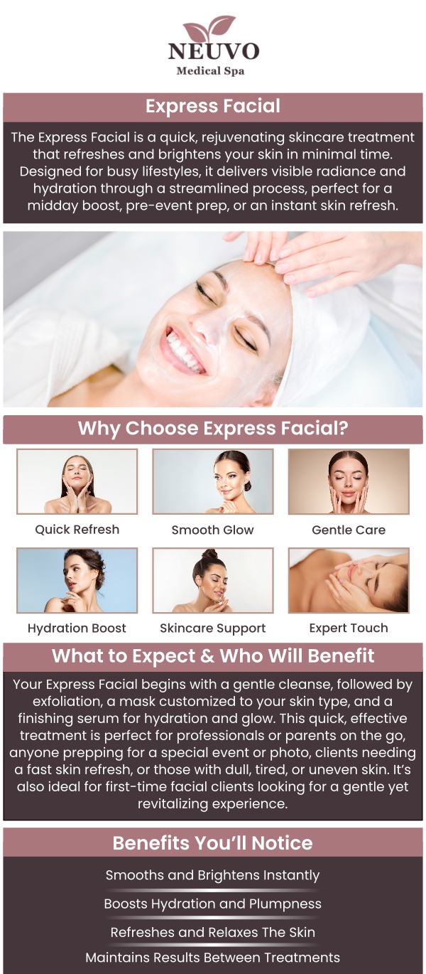 The Express Facial at Neuvo Medical Spa is a quick yet effective treatment designed to refresh and rejuvenate your skin. This 30-minute facial cleanses, exfoliates, and hydrates, leaving your complexion glowing and revitalized. Perfect for those on the go, our team customizes the treatment to your skin’s needs, providing a fast and relaxing experience. For more information, contact us or request an appointment online. We are conveniently located at 2653 Bruce B Downs Blvd, Unit 119, Wesley Chapel, FL 33543