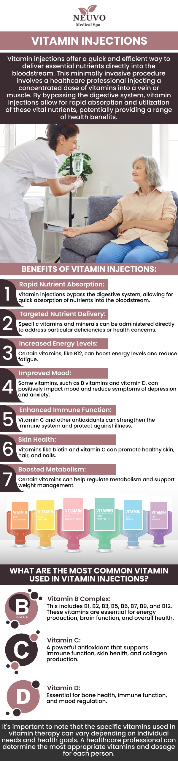 At Neuvo Medical Spa, our team offers Vitamin Shots to help boost your energy, immunity, and overall well-being. These quick and effective injections deliver essential nutrients directly into your system, promoting faster absorption and immediate benefits. Whether you're looking to boost your energy or support your immune system, our professionals provide personalized treatments to meet your unique health needs. For more information, contact us or request an appointment online. We are conveniently located at 2653 Bruce B Downs Blvd, Unit 119, Wesley Chapel, FL 33543.